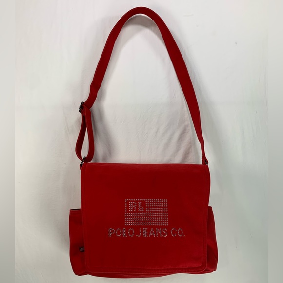 Polo Jean Co Crossbody Large Messenger Bag Ralph Lauren Red Studded RL Flag Logo - Picture 1 of 13